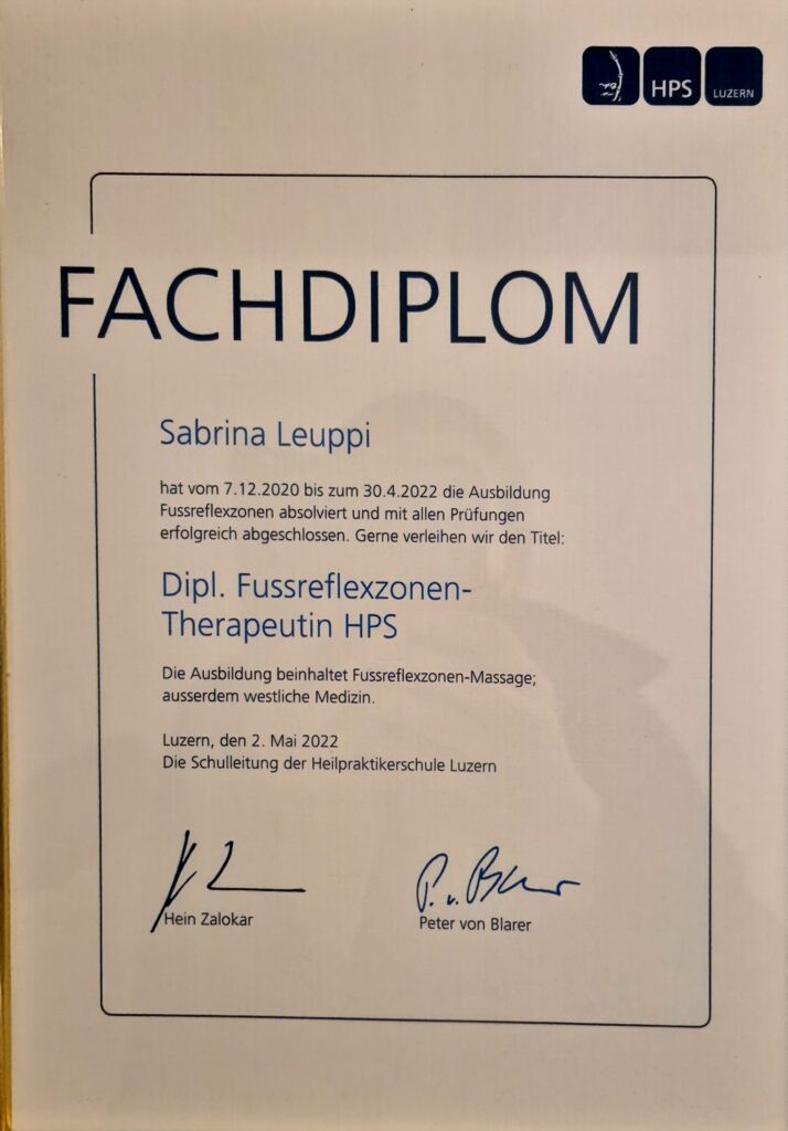 Fachdiplom Dipl. Fussreflexzonen-Therapeutin HPS Luzern, Mai 2022